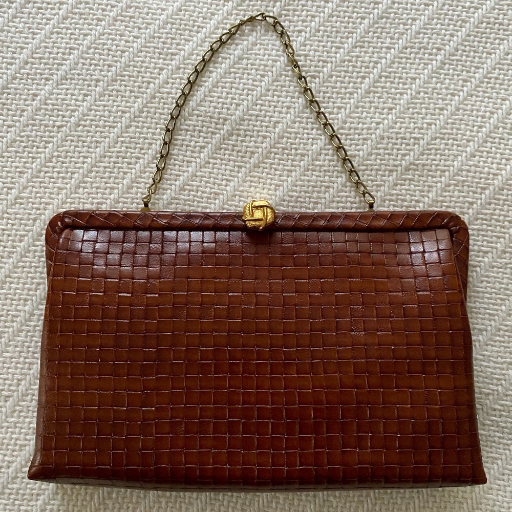 Small Brown Clutch Purse with Gold Chain and.Clasp. Vintage Woven Faux -Leather